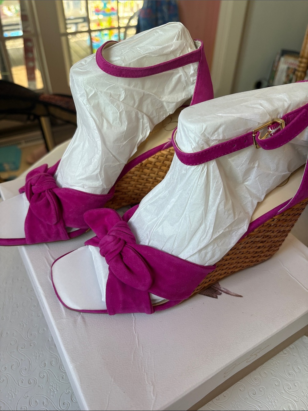 Jessica Simpson Magenta Knot Front Wedge Sandals with Ankle Strap